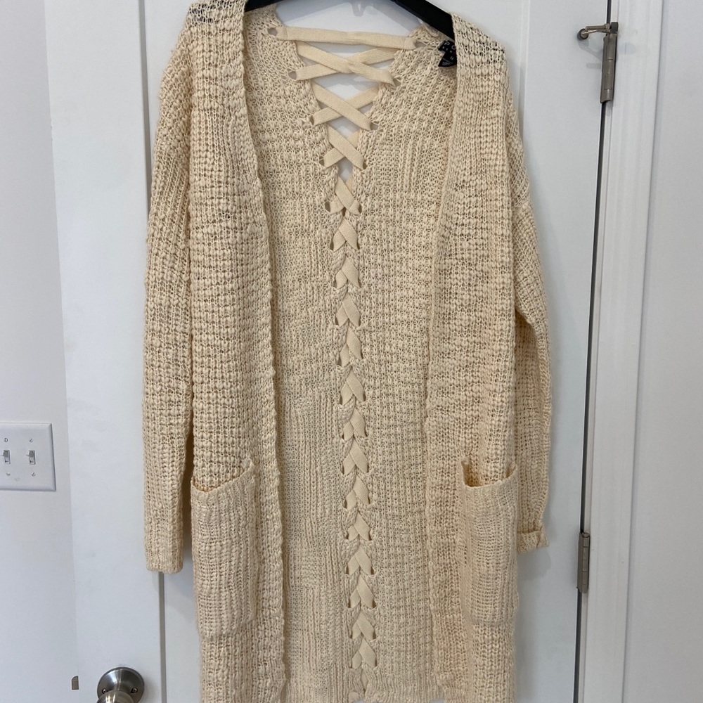 Long cream color cardigan with laceup detail, sz m